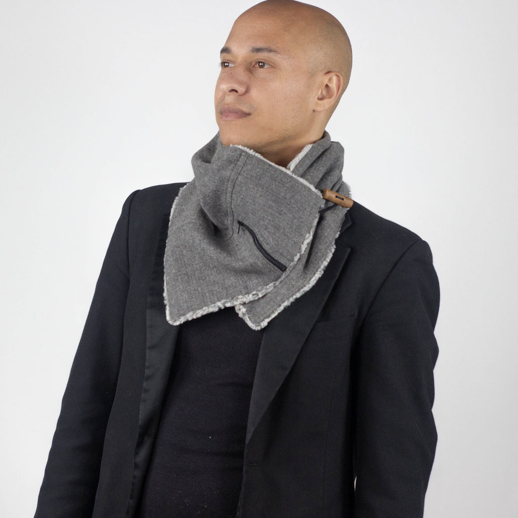 Wilderspin Scarves Faux Fur and Flannel Neck Wrap Scarf with Front Pocket Grey Herringbone Silver Fox Fur Pocket Scarf
