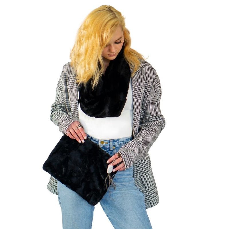 Faux Fur Twisted Infinity Scarf and Clutch Bag Bundle