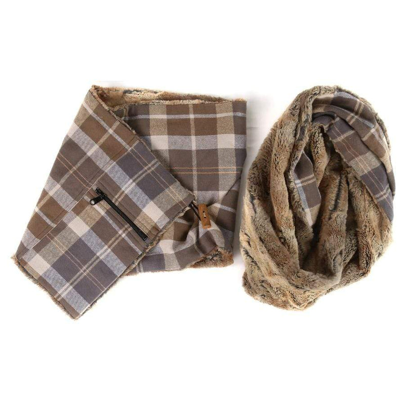 Wilderspin Scarves Exclusive Gift Set | Neck Wrap Scarf with Front Pocket Matching Faux Fur & Flannel Gift Set Carmel & Tan