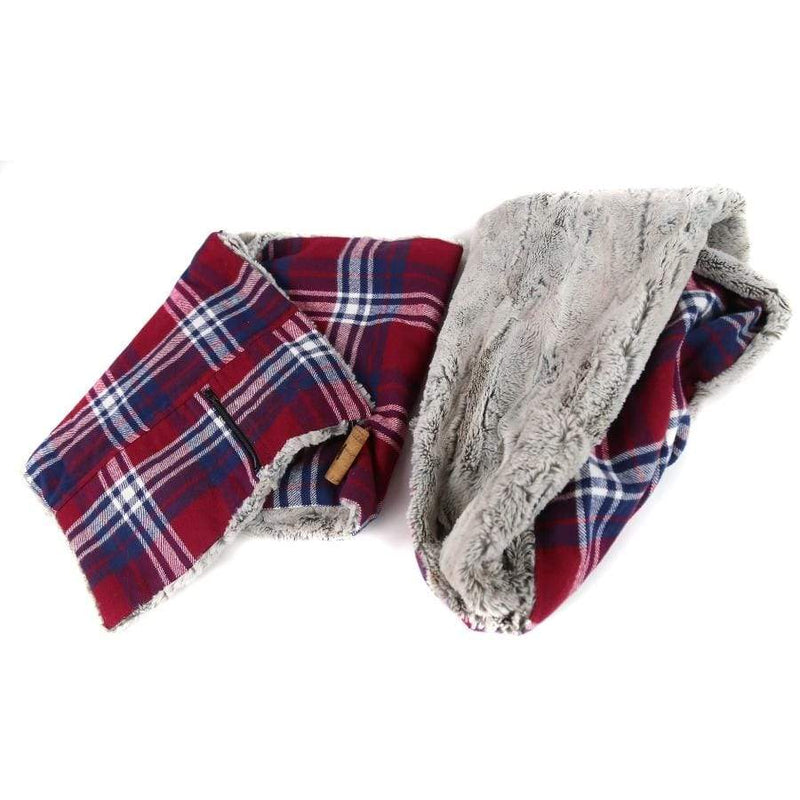 Wilderspin Scarves Exclusive Gift Set | Neck Wrap Scarf with Front Pocket Matching Faux Fur & Flannel Gift Set Cranberry & Navy
