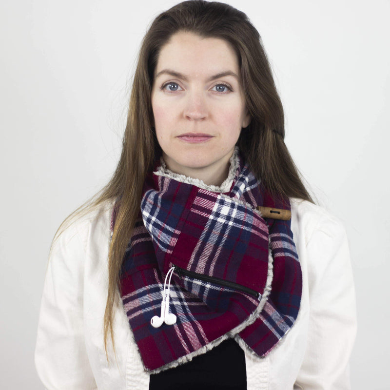 Wilderspin Scarves Faux Fur and Flannel Neck Wrap Scarf with Front Pocket Cranberry & Navy Plaid Silver Fox Fur Pocket Scarf