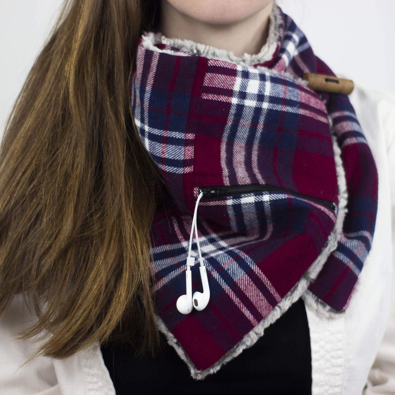 Wilderspin Scarves Faux Fur and Flannel Neck Wrap Scarf with Front Pocket Cranberry & Navy Plaid Silver Fox Fur Pocket Scarf