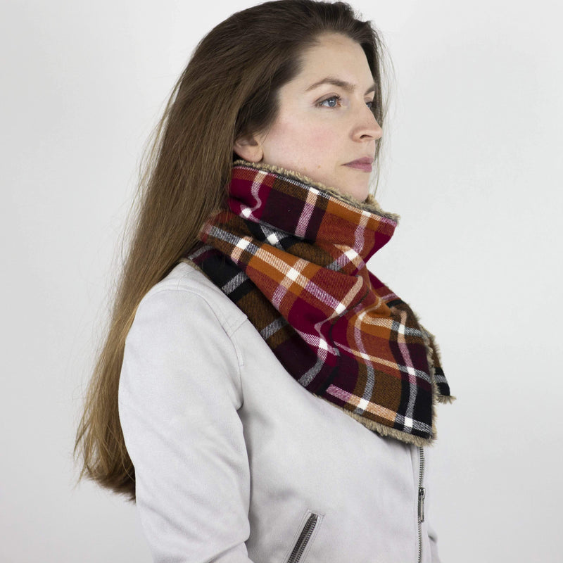 Wilderspin Scarves Faux Fur and Flannel Neck Wrap Scarf with Front Pocket Orange/Berry/Black Plaid Red Fox Fur Pocket Scarf