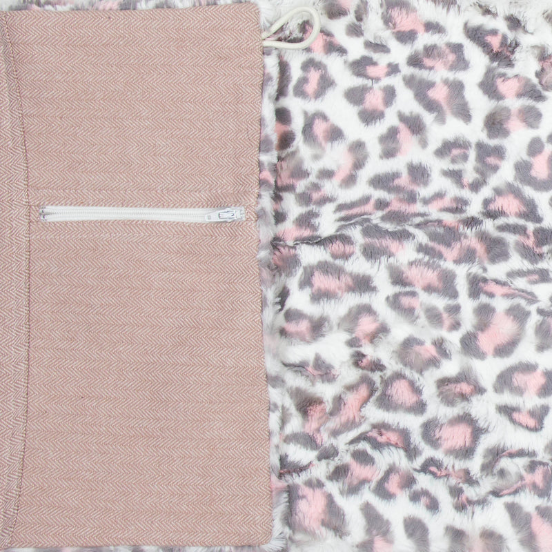 Wilderspin Scarves Faux Fur and Flannel Neck Wrap Scarf with Front Pocket Pink Herringbone Pink Leopard Fur Pocket Scarf