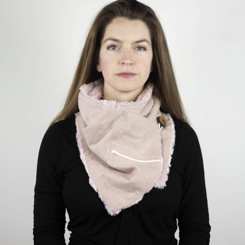 Wilderspin Scarves Faux Fur and Flannel Neck Wrap Scarf with Front Pocket Pink Herringbone Solid Pink Fur Pocket Scarf