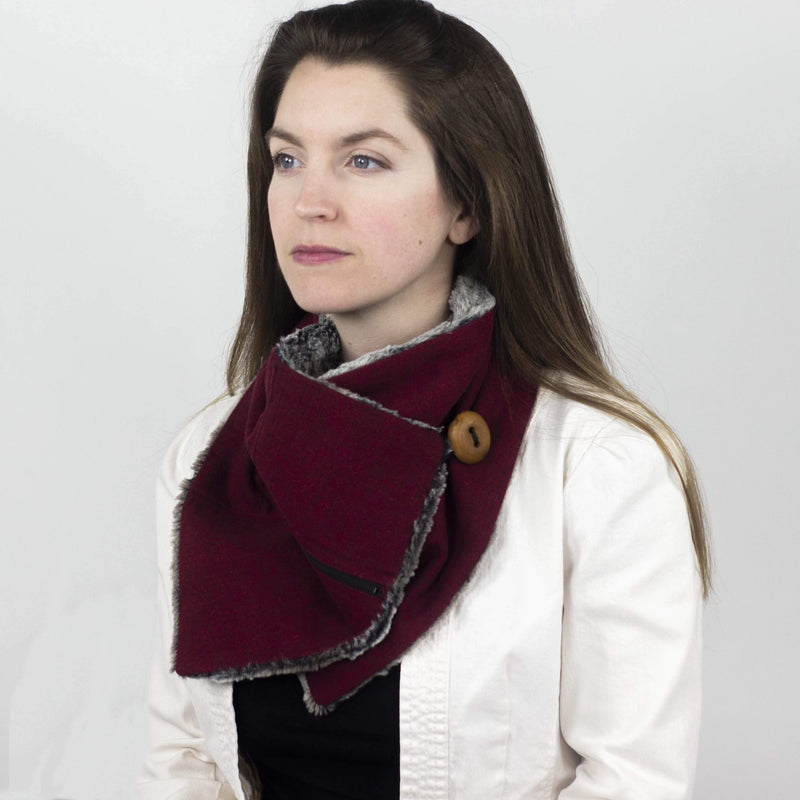 Wilderspin Scarves Faux Fur and Flannel Neck Wrap Scarf with Front Pocket Red Herringbone Mountain Fur Pocket Scarf