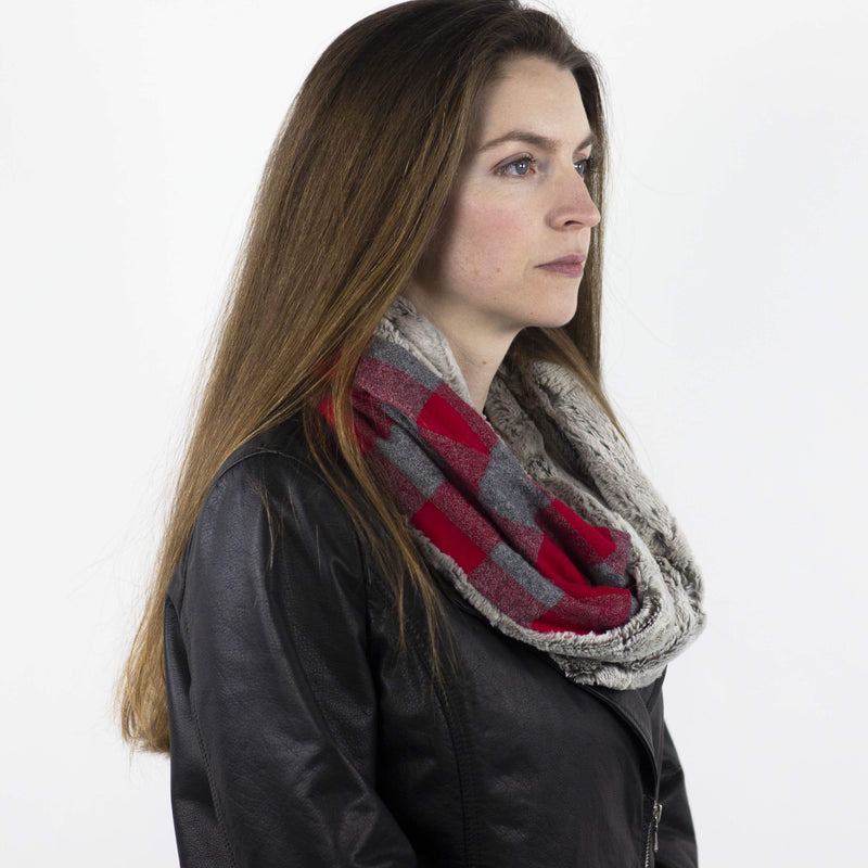 Wilderspin Scarves Faux Fur and Flannel Twisted Infinity Scarf Red & Gray Buffalo Silver Fox Faux Fur & Flannel