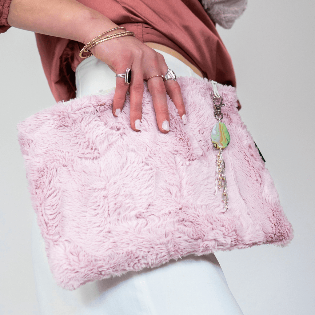 Wilderspin Scarves Faux Fur Clutch and Cross Body Bag Pink Faux Fur Clutch with Jeweled Zipper Pull