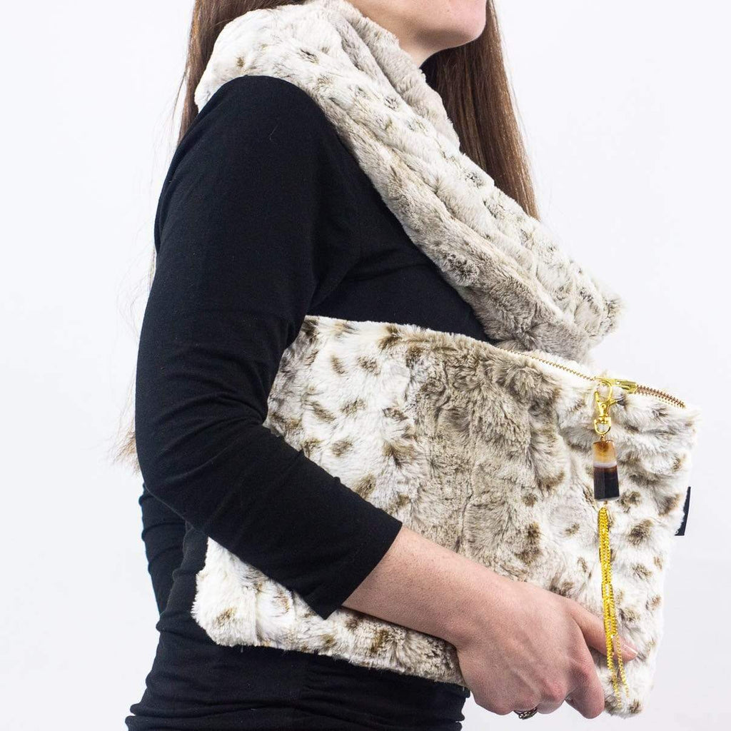 Wilderspin Scarves Faux Fur Scarf and Clutch Bag Combination Set Snow Leopard Combination Set